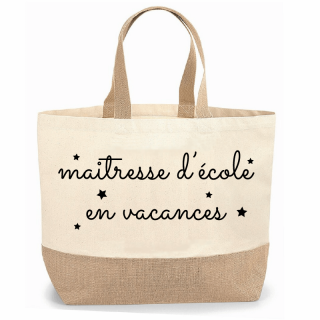 Sac maitresse d'école en vacances - Jute et toile de coton - Idée cadeau fin d'année scolaire pour maitresse