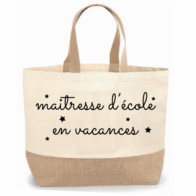 Sac maitresse d'école en vacances - Jute et toile de coton - Idée cadeau fin d'année scolaire pour maitresse