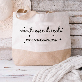 Boutique sac maitresse d'école en vacances - Jute et toile de coton - Idée cadeau fin d'année scolaire pour maitresse