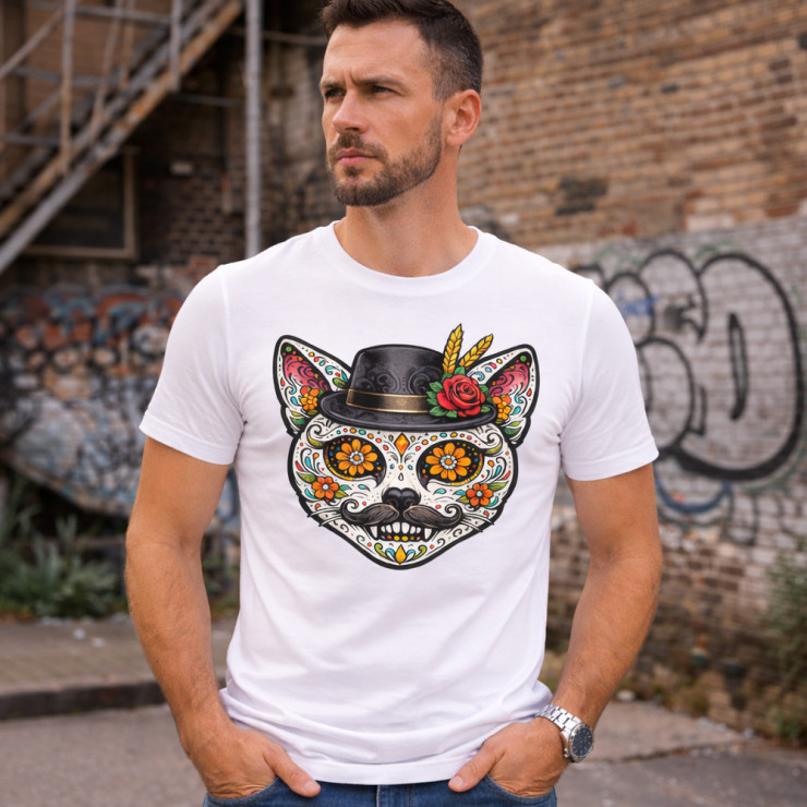 T-shirt homme chat tête de mort mexicaine – Coton