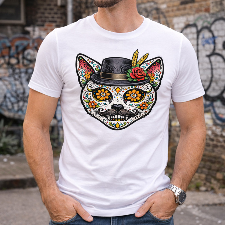 T-shirt homme chat tête de mort mexicaine – Motif catrina avec chapeau et moustache