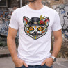 Video T-shirt homme chat tête de mort mexicaine – Motif catrina avec chapeau et moustache