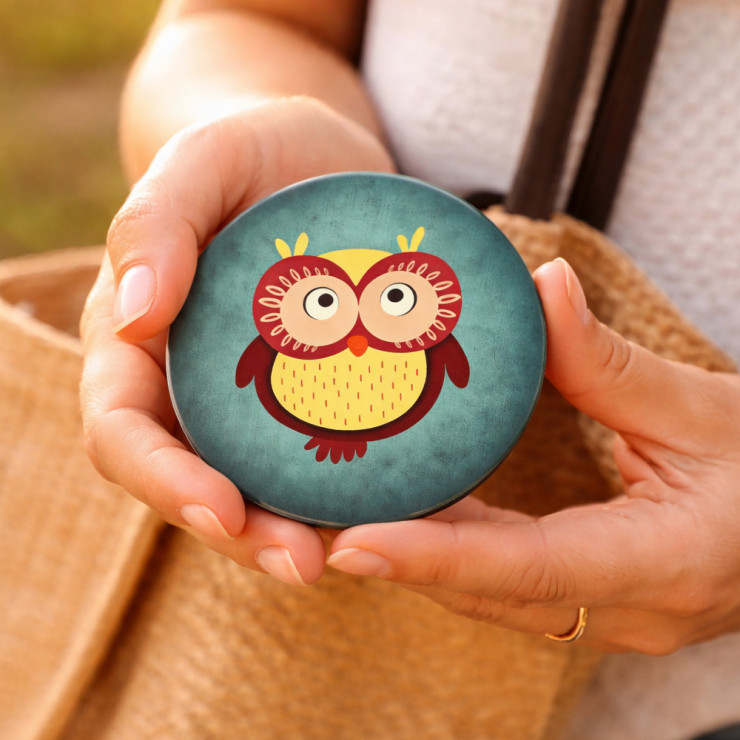 Beau miroir de poche - Forme rond avec motif chouette