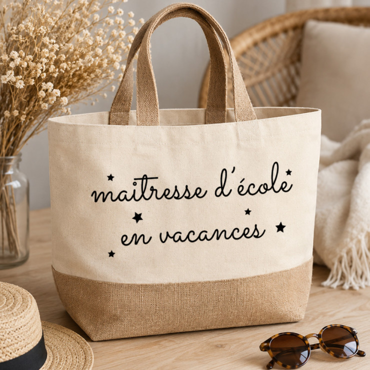 Sac cabas XL en jute Maitresse d'école en vacances
