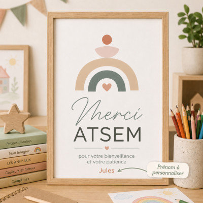 Achat affiche ATSEM personnalisée avec prénom et cadre bois
