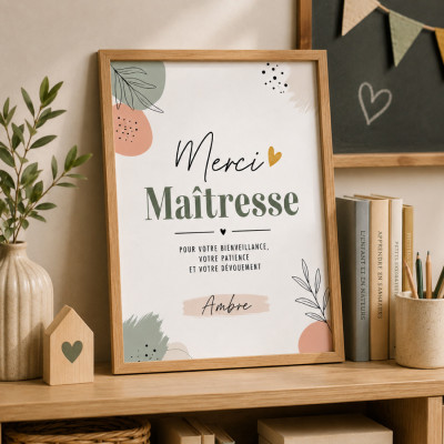 Boutique affiche Maîtresse personnalisée avec prénom et cadre bois