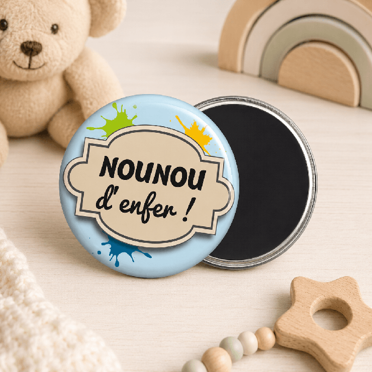                     Magnet "Nounou d'enfer" bleu
                  