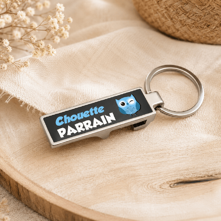                     Porte-clés décapsuleur Parrain - cadeau baptême original
                  