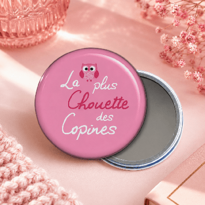 Miroir de poche "La plus chouette des copines" rose