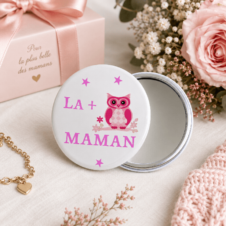                     Grand miroir de poche 9cm, "la + chouette Maman"
                  