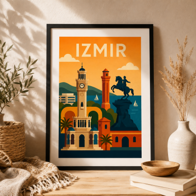 Affiche Izmir vintage – Déco tour de l’horloge et mer Égée
