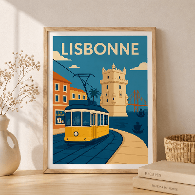 Affiche Lisbonne vintage – Tramway jaune et tour de Belém