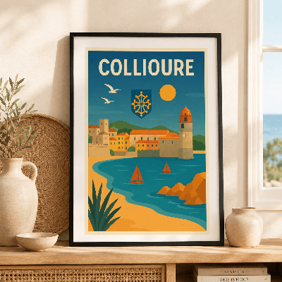 Affiche Collioure vintage – Clocher, mer et déco catalane