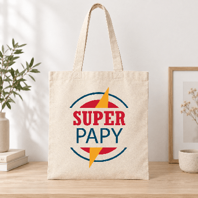 Tote bag Super Papy en coton beige, imprimé en France