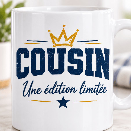       Une tasse dédiée au cousin, avec un visuel très lisible
    