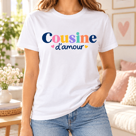       T-shirt cousine d’amour blanc en coton imprimé France
    