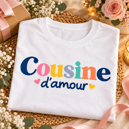       T-shirt cousine d’amour blanc en coton imprimé France
    