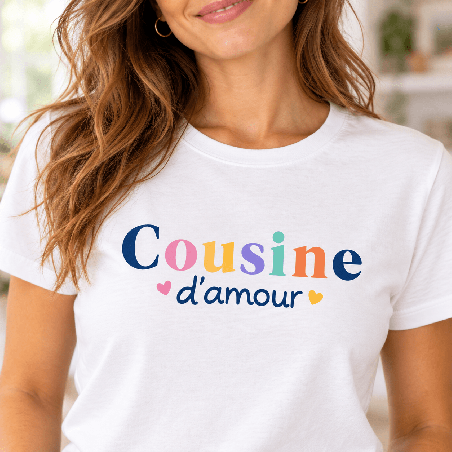       T-shirt cousine d’amour blanc en coton imprimé France
    