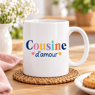 Mug cousine d’amour en céramique blanche, petits cœurs