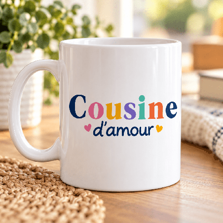       Mug cousine d’amour en céramique blanche, petits cœurs
    