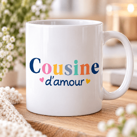       Mug cousine d’amour en céramique blanche, petits cœurs
    