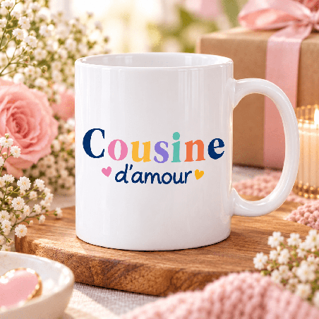       Mug cousine d’amour en céramique blanche, petits cœurs
    