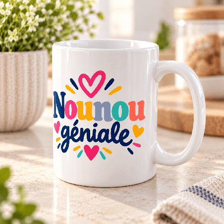       Mug nounou à message coloré avec une ambiance joyeuse
    