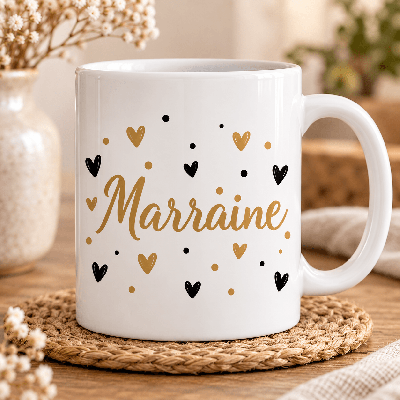 Mug marraine en céramique avec cœurs noirs et dorés