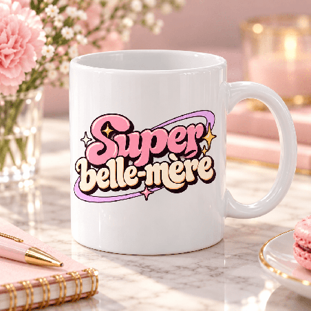       Mug avec design rétro doux autour du message “Super belle-mère”
    